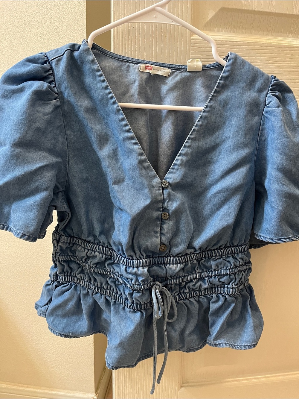 Levi's Light Blue V-Neck Drawstring Waist Peplum Top